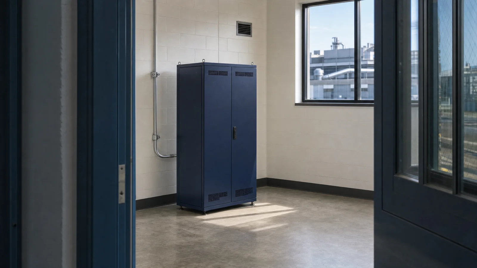 Illustrative compact on-site computing cabinet in a manufacturing utility room