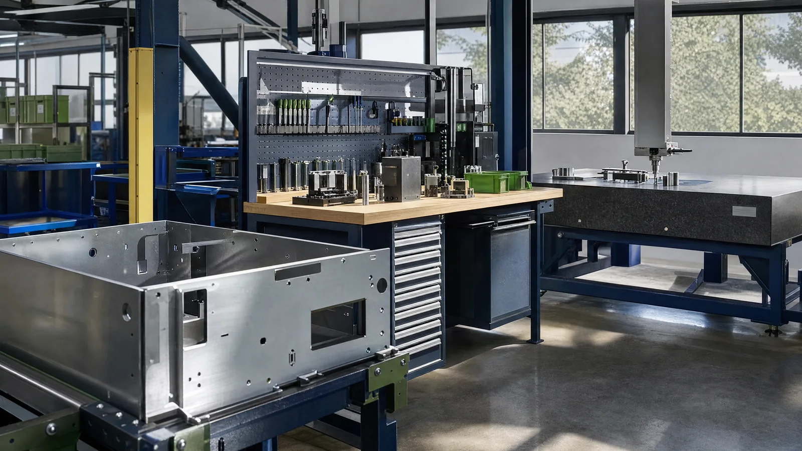 Illustrative connected fabrication, assembly and inspection workstations
