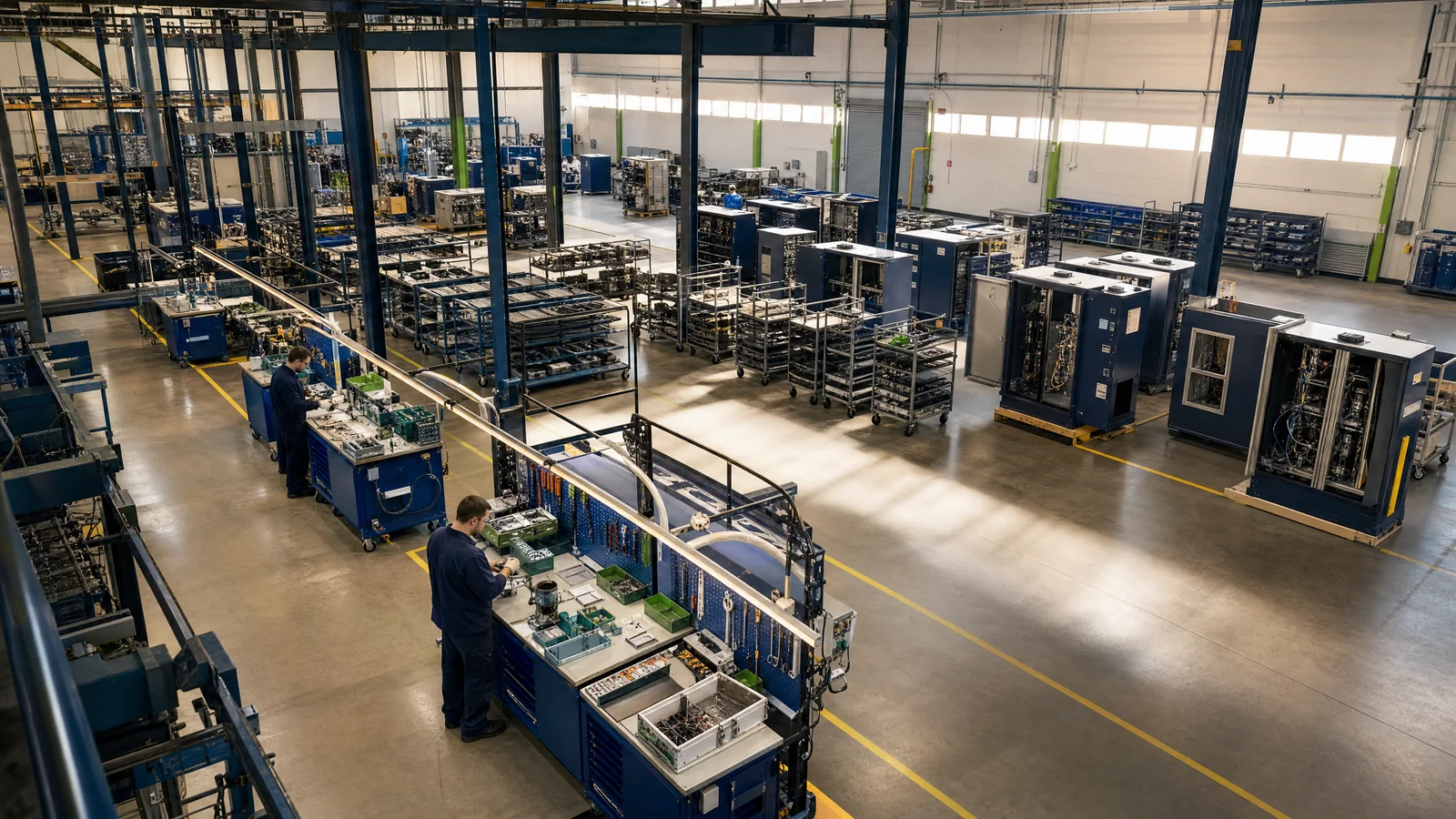 Illustrative view from a factory mezzanine across several assembly departments
