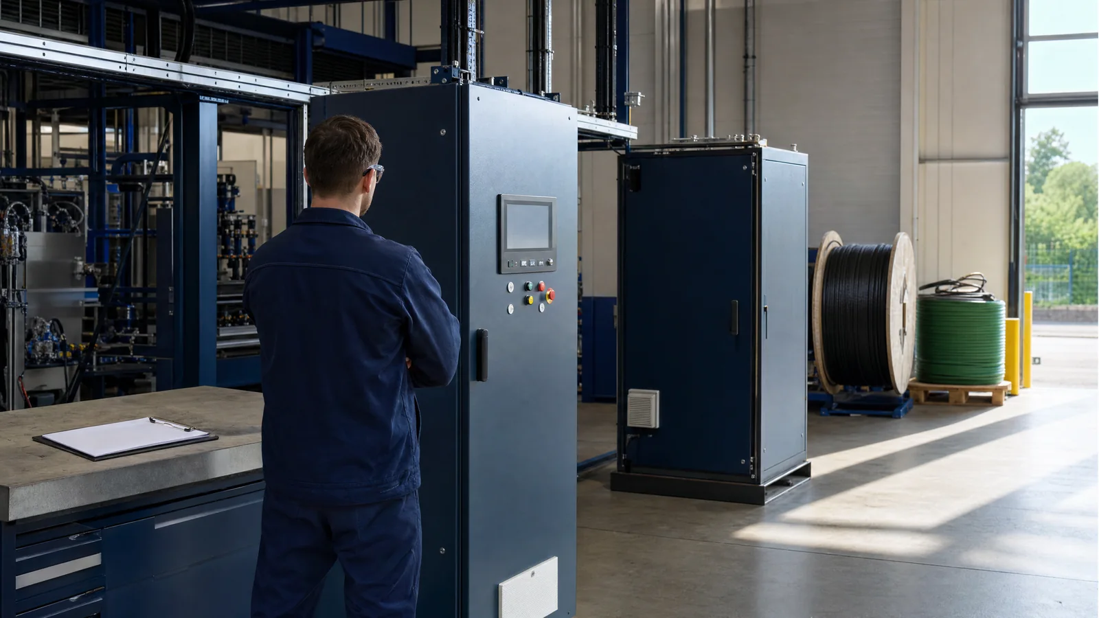 Illustrative factory commissioning station with an enclosed control cabinet