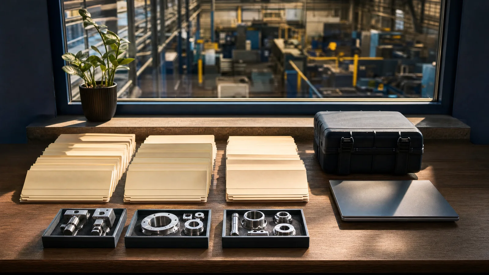 Illustrative organized engineering records beside archived component samples