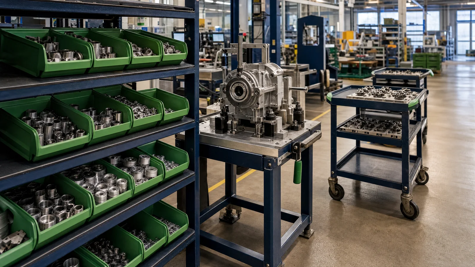 Illustrative component kitting shelves beside a constrained assembly bench