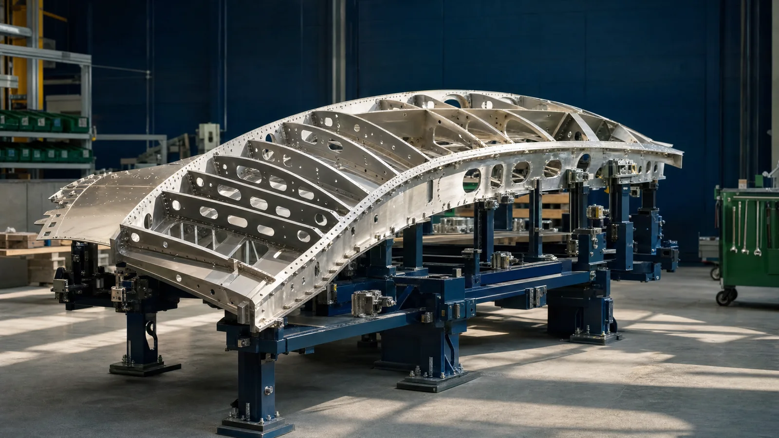 Illustrative aerospace structural component held in an assembly fixture