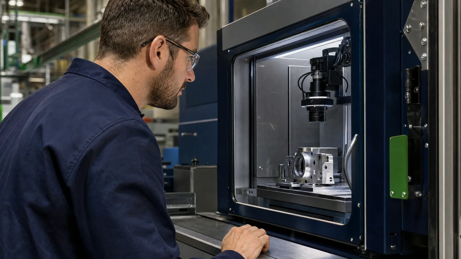 Illustrative engineer examining an optical inspection station