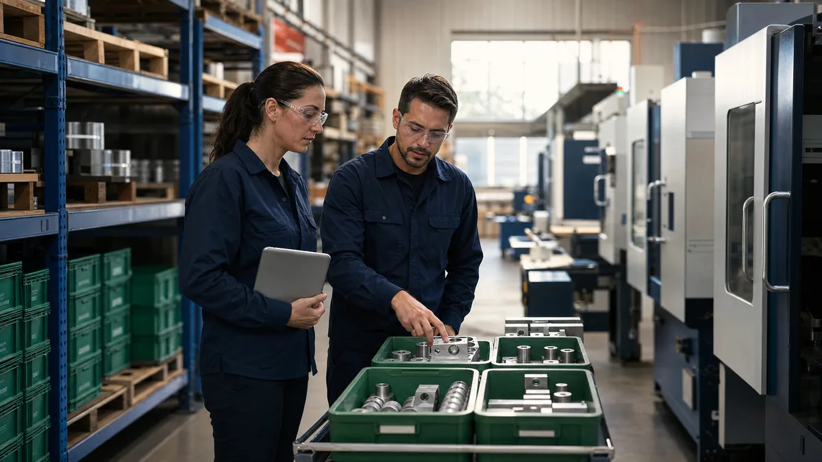 Illustrative manufacturing colleagues reviewing a material handoff