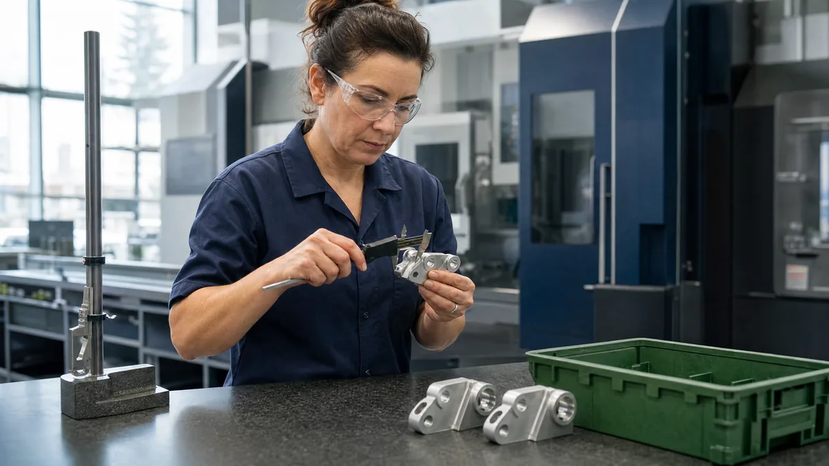 Illustrative quality technician inspecting a machined component